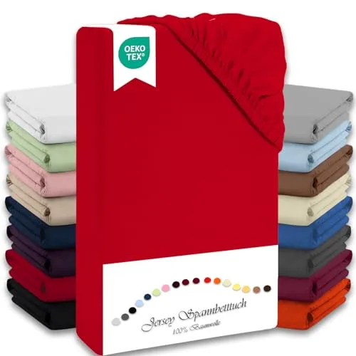 Julido Spannbettlaken 100x200 cm (Rot) – Jersey Betttuch aus 100% Baumwolle, Oeko-Tex Standard 100, Hautfreundlich, Atmungsaktiv & Für Allergiker Geeignet, Matratzenhöhe bis 30 cm