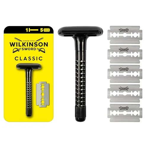 Wilkinson Sword Classic Herren Rasierer mit 5 Klingen - Präziser Rasierer mit vibrationsfreier Klinge für ein akkurates Ergebnis. Hochwertige Veredelung und ausgewogene Gewichtsverteilung bieten optimale Rasiereigenschaften im klassischen Retro Design.