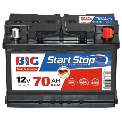 BIG Start-Stop AGM 12V 70Ah 800A/EN Autobatterie – Wartungsfreie Premium Starterbatterie für moderne Fahrzeuge - Hochleistungs AGM Autobatterie (12V, 70Ah) für Start-Stopp-Systeme. Wartungsfrei, auslaufsicher und dreifach höhere Zyklenlebensdauer. Zuverlässige Energieversorgung und beeindruckende Kaltstartleistung von 800A.