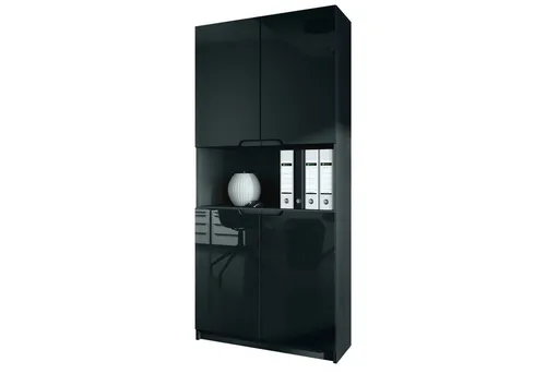 Vladon Aktenschrank Logan V2 - Modernes Design in Schwarz matt und Hochglanz - Aktenschrank mit 5 Fächern und 4 Türen, ideal für stilvolle Büros, inklusive einfacher Selbstmontage und pflegeleichter Oberfläche.