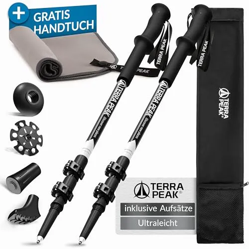 Terra Peak Wanderstöcke Explorer Pro 135 - Ergonomische Teleskopstöcke inkl. Mikrofaserhandtuch - Wanderstöcke aus leichtem Aluminium, verstellbar von 110 bis 135 cm, mit ergonomischen Griffen und 4 Aufsätzen für Stabilität auf jedem Untergrund. Ideal für Trekking und Outdoor-Abenteuer.