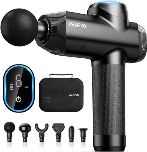 RENPHO R3 Power Massagepistole, 12MM Amplitude Massage Gun Massagegerät mit Type-C Ladeanschluss, 6 Massageköpfen Masagegäret Pistole mit LED Touchscreen für Rücken, Geschenke für Männer