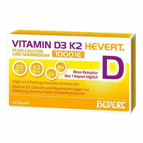 Vitamin D3 K2 Hevert + Calcium und Magnesium 1000 IE Kapseln - Nahrungsergänzungsmittel für starke Knochen und Muskeln. Die 4-fach Kombi aus Vitamin D3, K2, Calcium und Magnesium unterstützt aktiv Ihre Knochengesundheit und sorgt für optimale Wirksamkeit durch mikroverkapseltes Vitamin D3.