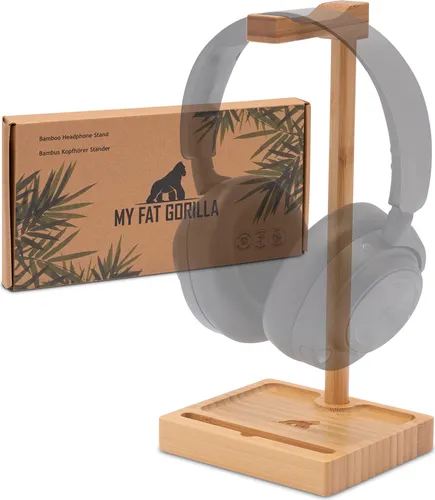 Kopfhörer Ständer aus Bambus, Kopfhörer Halter mit Smartphone Ständer, Headset Ständer mit Ablage, Headphone Stand aus Holz