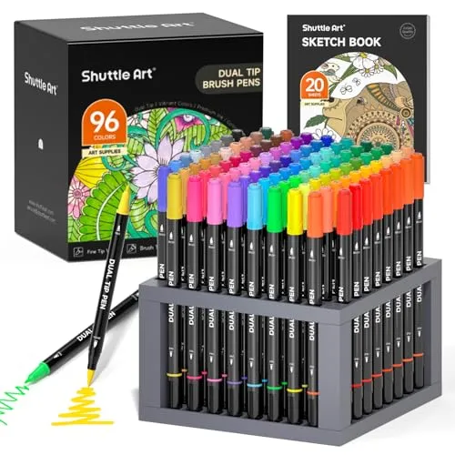 Shuttle Art Dual Tip Pinselstifte, 96 Farben Feine und Pinselspitze Marker Set mit Stifthalter & 1 Malbuch, Filzstift Malstifte für Erwachsene und Kinder Färben Kalligraphie Journal Doodling