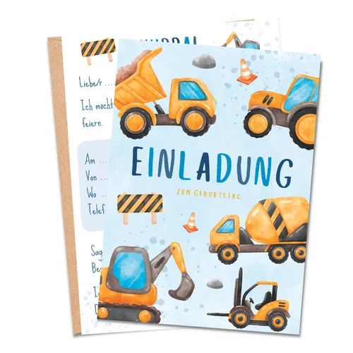 MeinBaby123® Einladungskarten Kindergeburtstag inkl. 10 Umschläge, Kindergeburtstag Jungs und Mädchen, Geburtstagseinladungen Kinder, Bagger V4