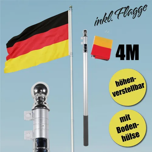 Fahnenmast Alu Teleskopfahnenmast mit Deutschlandflagge 4m - Fahnenstangen-Kit aus Aluminium, teleskopisch und ideal für patriotische Anlässe. Inklusive Deutschlandflagge für den perfekten Auftritt.