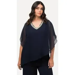 Ulla Popken Damen Chiffonbluse mit Beschmückung, Marine, 58-60 - Elegante Chiffonbluse in Oversized-Passform mit asymmetrischem Saum und V-Ausschnitt, ideal für stilvolle Anlässe oder den Alltag.