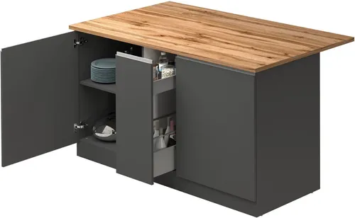 KOCHSTATION Kücheninsel KS-Sole - Kücheninsel mit Apothekerauszug und gedämpften Türen, ideal für moderne Küchen. Breite 155 cm, anthrazit matt mit wotan eichefarbener Arbeitsplatte – perfekt für kreative Kochabende!