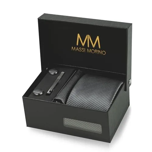 Massi Morino Krawatte Grau Gestreift mit Einstecktuch Set - 5-in-1 Herren Krawattenset mit hochwertiger Krawatte, Einstecktuch, Manschettenknöpfen und Krawattennadel in edler Geschenkbox – ideal für besondere Anlässe.