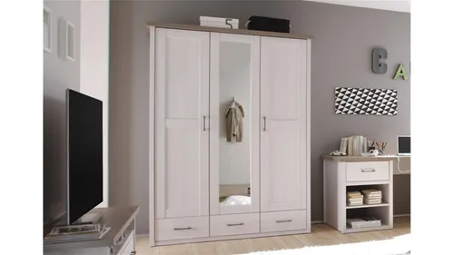 Stella Trading Eleganter Kleiderschrank 3-türig - Landhausstil mit Spiegeltür in Pinie weiß trüffel, viel Stauraum und einfache Montage