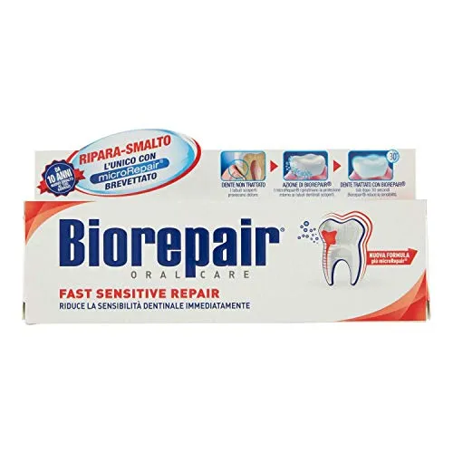 Biorepair Fast Sensitive Repair Zahncreme 75 ml - Zahnpasta für empfindliche Zähne, reduziert Empfindlichkeit und stärkt den Zahnschmelz für ein angenehmes Trinkerlebnis.