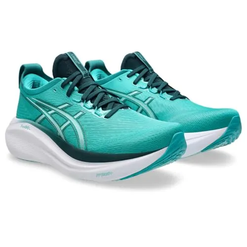 ASICS Gel-Nimbus 27 Neutralschuh Herren - Komfortabler Laufschuh in Blau und Oliv, Größe 42 - Laufschuhe mit innovativer PureGEL Technologie für maximalen Komfort und Gelenkschutz. Ideal für lange Strecken und umweltfreundlich hergestellt.