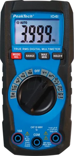 PEAKTECH 1041 - Digital Multimeter mit TRMS und Auto-Range - Multimeter für Elektrohandwerk mit TrueRMS-Übertragung, automatischer Bereichswahl und integriertem Batterietester. Ideal für präzise Messungen bis 600 V.