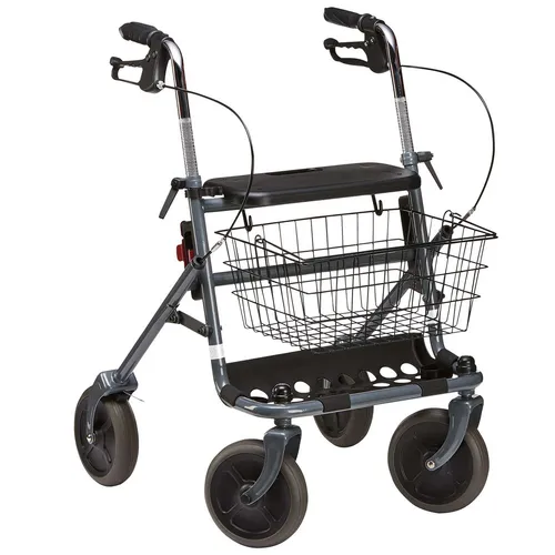 Rollator FAKTO+ mit Tablett, Korb und Stockhalter - mangan grey metallic - Robuster Standardrollator für zuverlässige Mobilität im Alltag. Mit ergonomischen Griffen, klappbar und integriertem Sitz für bequeme Pausen. Ideal für Innen- und Außenbereich.