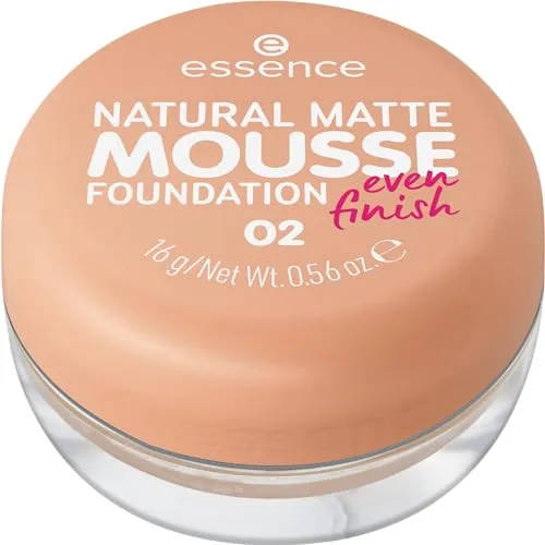 essence NATURAL MATTE MOUSSE FOUNDATION 02 Warm Beige - Mattierendes Mousse Make-up - Hochwertiges Mousse Make-up mit mittlerer Deckkraft für einen natürlich schönen Teint. Vegan und ölfrei, ideal für einen mattierten Look den ganzen Tag.