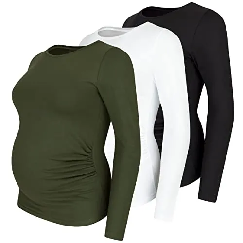 M.M.C. Umstandsshirt 3er Set unifarben Umstandsmode Schwangerschaft Schwangerschaftsshirt, Langarm (Schwarz, Weiß, Khaki, X-Large)