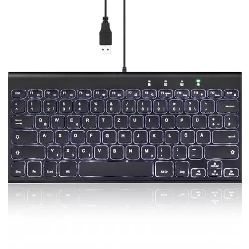Perixx PERIBOARD-429 DE - Kompakte Kabelgebundene Tastatur mit Weißer Hintergrundbeleuchtung - Tastaturen - Platzsparendes Design für effizientes Arbeiten und perfekte Sichtbarkeit bei jedem Licht durch die weiße LED-Hintergrundbeleuchtung.