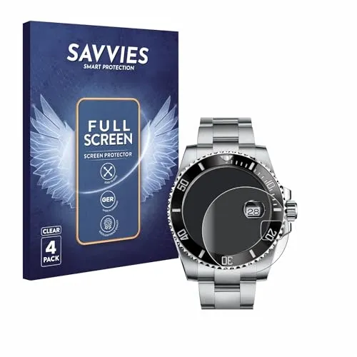 Savvies 4 Stück Full-Screen Schutzfolie für Rolex Submariner (Date) Full-Cover Displayschutz-Folie [3D Curved, Transparent, Anti-Fingerabdruck]