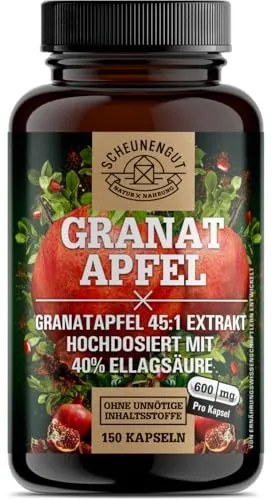Granatapfel Kapseln 2400mg - 150 Laborgeprüfte Kapseln - Fruchtextrakt aus Granatapfel mit 40% Ellagsäure, vegan und ohne Zusatzstoffe, ideal für Nährstoffversorgung und antioxidativen Schutz.