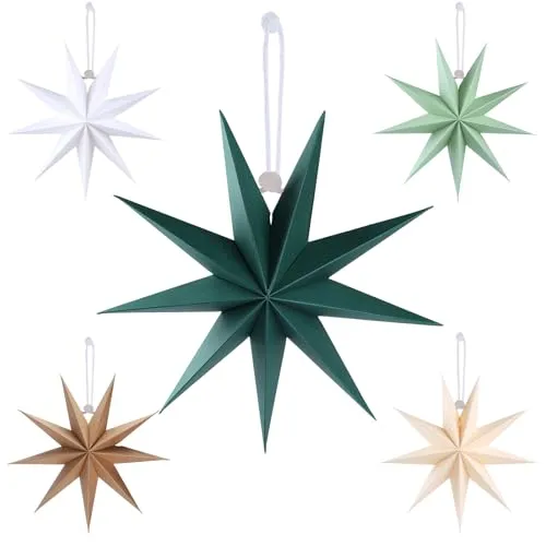 5er-Set Papiersterne 30 cm - Beige & Braune Faltsterne Dunkelgrüne & Weiße 9-zackige Sterne - Weihnachtsdeko, Hochzeit, Geburtstag, Tischdeko