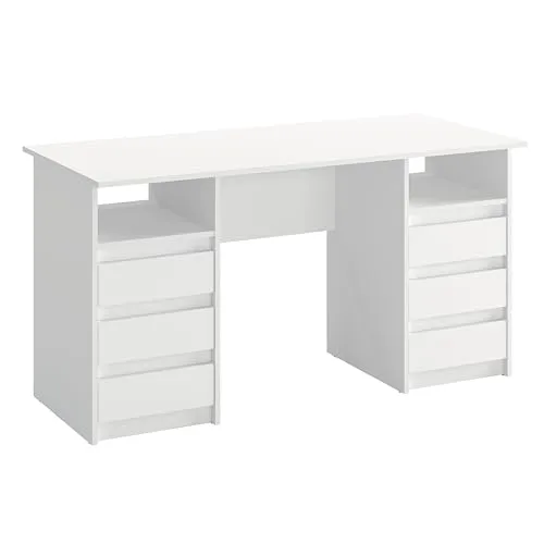 KOMTO Oslo Schreibtisch mit Schubladen - Modern und Praktisch - Schreibtisch in Weiß mit 6 Schubladen auf Rollenführungen, ideal für Büro und Home Office. Bietet eine große Arbeitsfläche und viel Stauraum für effizientes Arbeiten.