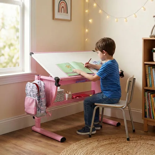 CARO-Möbel Kinderschreibtisch Sari höhenverstellbar - Höhenverstellbarer Kinderschreibtisch in weiß/rosa, neigbar mit 9 Stufen für ergonomisches Arbeiten und praktische Ablage für Rucksack und Stifte.