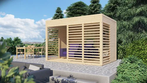 Modern Art 2 Holz Gartenhaus Pergola Pavillon - Gartenhaus aus naturbelassenem Holz (337 x 234 cm), modernes Design und ideal für entspannte Stunden im Garten. Perfekt für Gartenliebhaber.