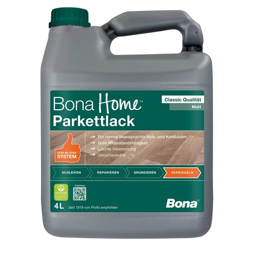 Bona Home Parkettlack Classic Versiegelung matt 4 Liter - Holzpflege, ideal zum Schutz von normal beanspruchten Holz- und Korkböden. Geruchsneutral, schnelltrocknend und GREENGUARD GOLD-zertifiziert, perfekt für Familien mit Kindern.