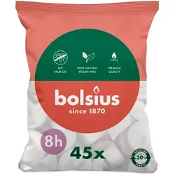 Bolsius Teelichte 8 Stunden Beutel 45 Stück weiß - Teelichter für stimmungsvolle Beleuchtung, brennen bis zu 8 Stunden und ideal für gemütliche Abende oder besondere Anlässe.