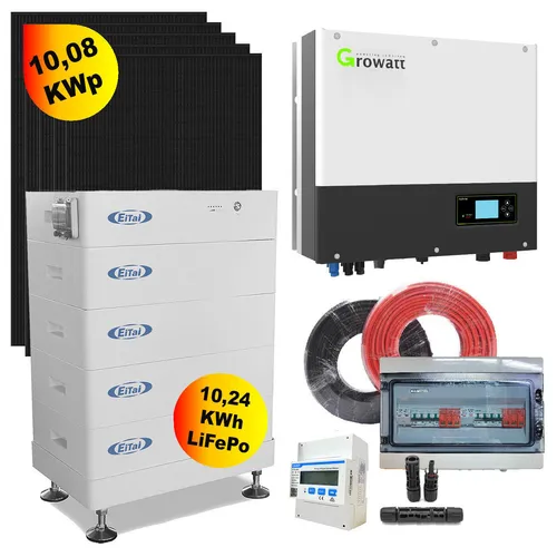 Hyrican Solaranlage 10,08 KWp: PV-Anlage mit 24x 420W Solarpanel - Komplettset für Solaranlagen mit 10KW Growatt Inverter und 10,24 KWh LFP-Hochspannungsbatterie. Ideal für nachhaltige Energieversorgung auf Hausdächern.