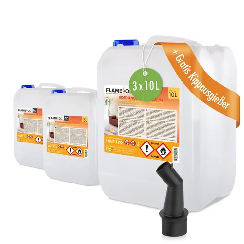 FLAMBIOL Bioethanol 96,6% Premium - 3x 10 L Kanister für Ethanolkamin - Brennstoffe: Hochreiner Bioethanol für eine klare, geruchsarme Verbrennung und ein stimmungsvolles Flammenbild. Ideal für Innenräume und sorgt für eine angenehme Atmosphäre.