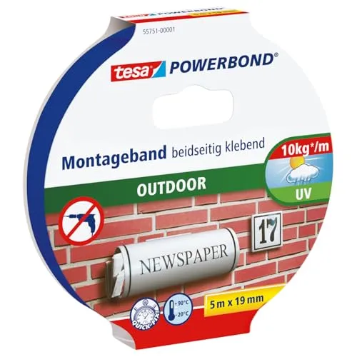 tesa Powerbond Outdoor - Doppelseitiges Montageband für den Außenbereich - 5 m x 19 mm - Das tesa Powerbond Outdoor Montageband ist ideal für die stabile Befestigung im Freien. Stark, wasserfest und UV-beständig, hält es bis zu 1 kg pro 10 cm Band. Einfache Handhabung und anpassbare Länge für vielseitige Anwendungen.