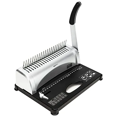Amazon Basics Bindegerät, Grau - Bindegerät für professionelle Dokumente, kombiniert Locher und Bindemechanismus, locht bis zu 12 Blatt und bindet bis zu 350 Seiten.