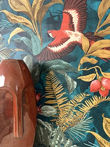Newroom Vliestapete Petrol - Modern Dschungel Tapete - Tropische Blumentapete mit Palmenblättern und Papagei, ideal für Wohnzimmer und Küche. Wasser- und dampfbeständig, leicht zu montieren und abziehbar.