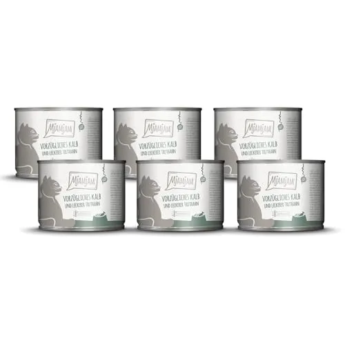 MjAMjAM - Premium Nassfutter für Katzen - vorzügliches Kalb & Truthahn an feinen Möhrchen, 6er Pack (6 x 200 g), getreidefrei mit extra viel Fleisch