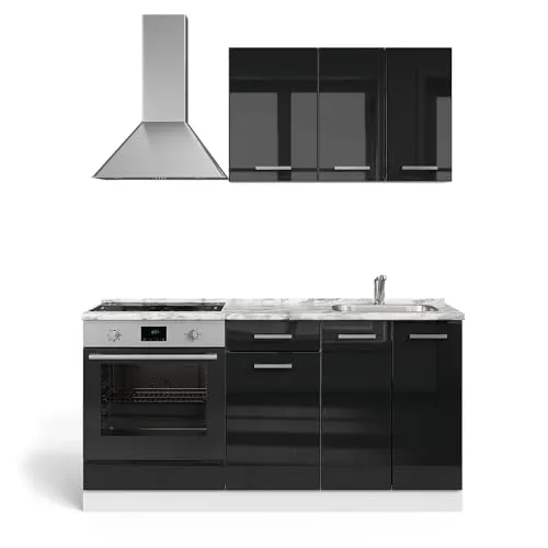 Vicco Küchenzeile R-Line, Schwarz Hochglanz/Weiß, 160 cm - Küchenzeilen mit modularer Bauweise, die individuell anpassbar ist und optimalen Stauraum bietet. Ideal für kleine Räume und kreative Kochabenteuer.