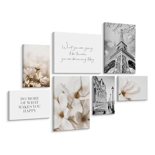 Muralo - Wandbilder Set - Leinwand Bilder Set Aufhängefertig - Bilder für Wohnzimmer Schlafzimmer - Moderne Wanddeko - Paris, Blumen mit und Spruch - 3 Bilder 30x40cm,4 Bilder 20x30cm