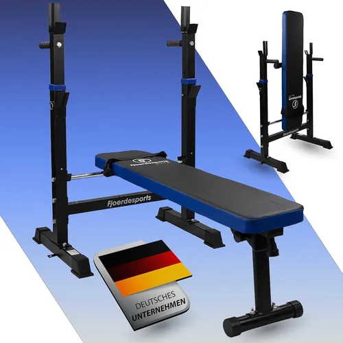 Fjoerdesports Hantelbank mit Ablage, klappbar und verstellbar - Multifunktions-Hantelbänke für Krafttraining, ideal für Anfänger und Profis mit 200kg Gesamtbelastung und integriertem Dip-Barren für effektives Oberkörpertraining.