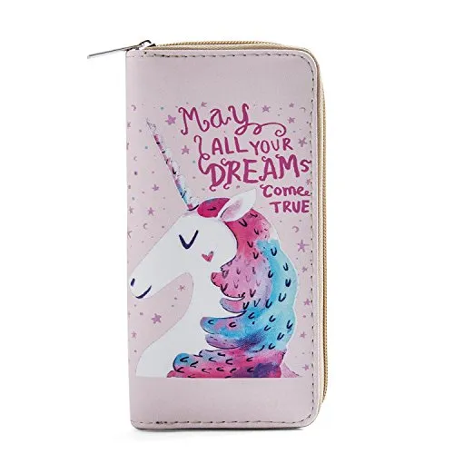 DonDon Geldbörse Damen mit Reißverschluss Portemonnaie Geldbeutel Damen Kinder Mädchen Einhorn Unicorn Muster Dreams Come True