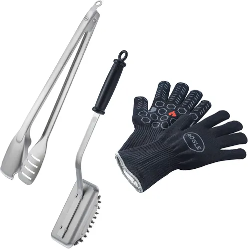 Rösle BBQ Premium-Set 3-tlg. - Grillzange, Handschuhe & Reinigungsbürste - Grillzubehör-Set mit intelligenter Verschlussautomatik für die Grillzange, hitzebeständigen Handschuhen aus META-Aramid und einer effektiven Reinigungsbürste – ideal für perfekte Grillergebnisse.