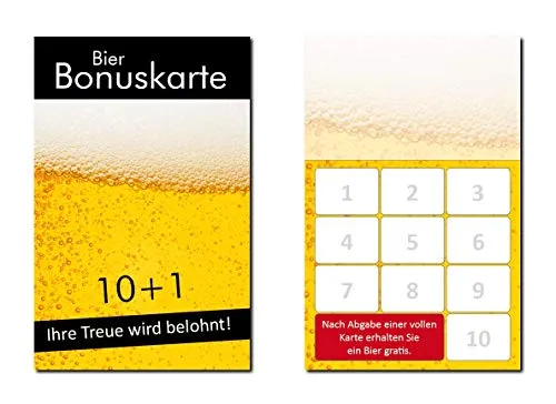Stück Bier Bonuskarten (BOK-415) - Visitenkarten im handlichen Format mit 10 Stempelfeldern, aus stabilem 350 g/m² Karton, ideal für Gastronomie und Treueprogramme.