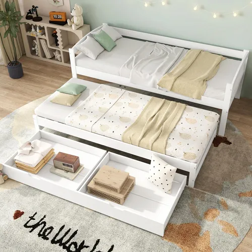 Einzelbett mit Gästebett und Stauraum, 90x200 cm, Massivholz - Kompaktes Einzelbett mit ausziehbarem Gästebett und 2 praktischen Schubladen. Ideal für Gäste oder als Jugendbett. Aus robustem Kiefernholz für hohe Stabilität und modernes Design.