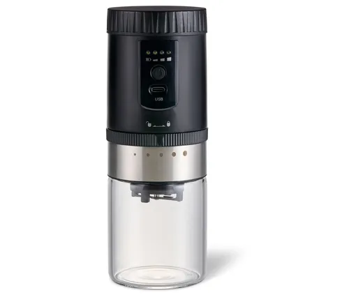Tchibo Akkubetriebene Kaffeemühle - Kaffeemühle mit Glas-Auffangbehälter und Edelstahl-Mahlgradring, 5 Mahlgradeinstellungen für individuellen Kaffeegenuss.