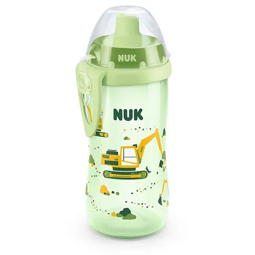 NUK Babyflasche Flexi Cup Trinklernflasche mit Trinkhalm, 300ml, Bagger (grün)