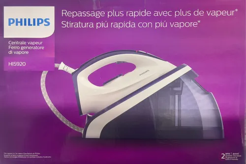 Philips Dampfbügelstation HI5920 mit Keramiksohle - Kabelgebundene Dampfbügelstation mit 2400 W Leistung. Ideal für vertikales Dampfbügeln und ausgestattet mit Anti-Kalk-System. Schnelle Aufheizzeit von nur 2 Minuten und 1,1 L Wassertank für langanhaltenden Dampf.