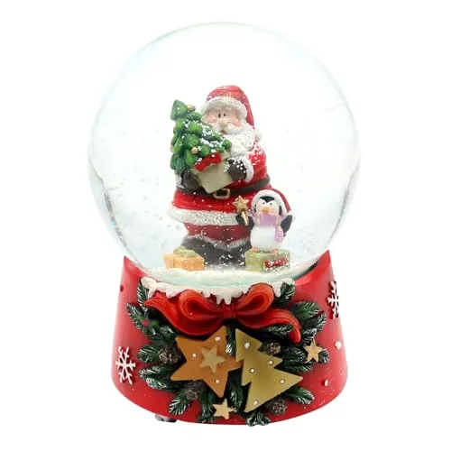 Schneekugel Santa mit Pinguin auf weihnachtlichen Sockel mit Spielwerk, Melodie Feliz Navidad, L/B/H/Ø Kugel 10 x 10 x 15 cm Ø 10 cm.