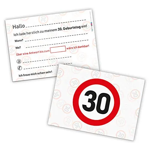 itenga 12 x Postkarte Einladung Verkehrszeichen 30" 30. Geburtstag Party DIN A6