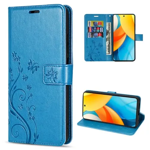 betterfon Handyhülle kompatibel mit ZTE Blade V60 Vita | Premium PU Leder Handy Hülle Wallet Case | Schutzhülle Blumen Klapphülle | Blau