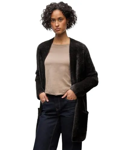 STREET ONE Strickjacke LTD QR_fluffy long cardi - Cardigan für Damen aus weichem Federgarn, offen tragbar mit aufgesetzten Taschen. Ideal für gemütliche Layering-Outfits an kühlen Tagen.